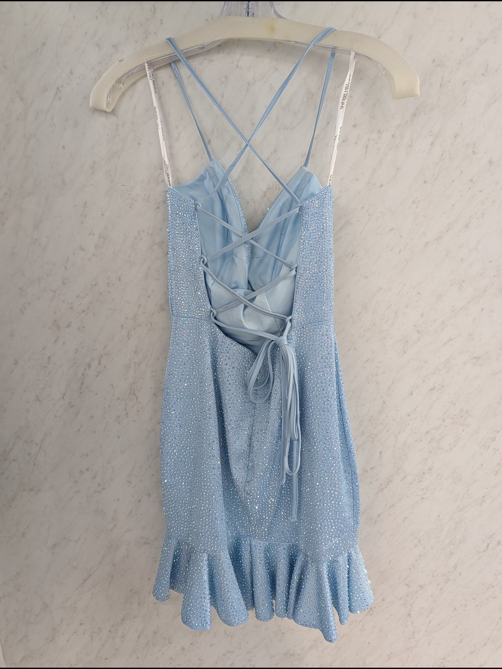 Light Blue Beaded Lace-Up Ruffle Mini Dress 000